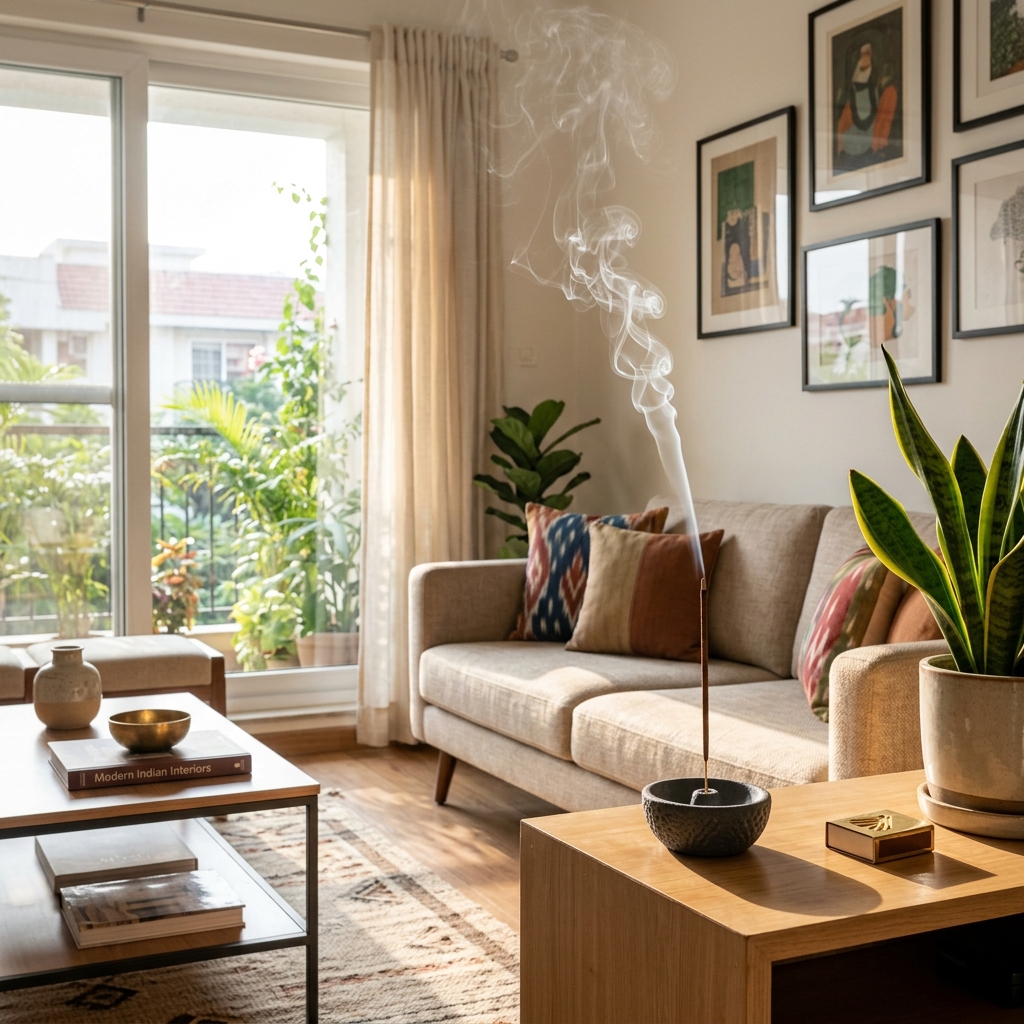 Clean Smoke Rising from a Natural Dhoop Stick in a Living Room