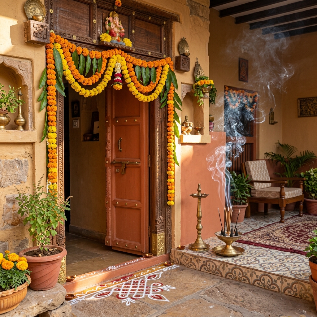 Sunlit Entrance of an Indian Home with Burning Dhoop Sticks