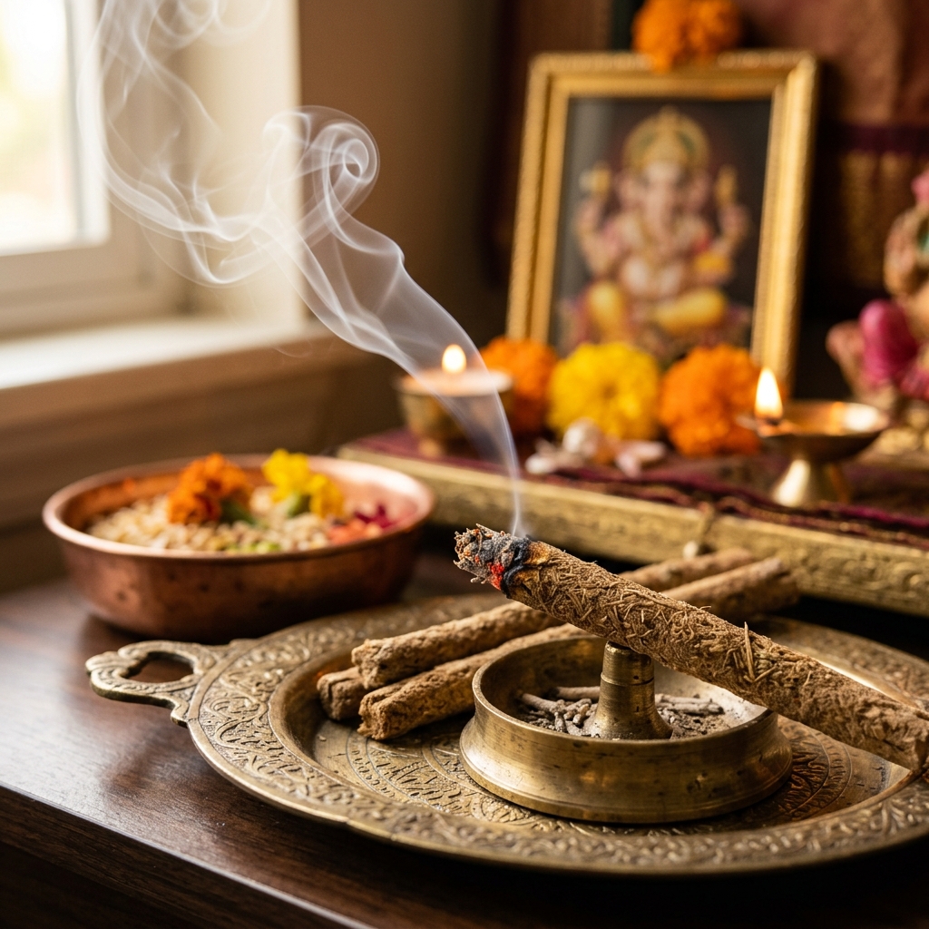Natural Indian Dhoop Sticks Burning in Traditional Brass Holder