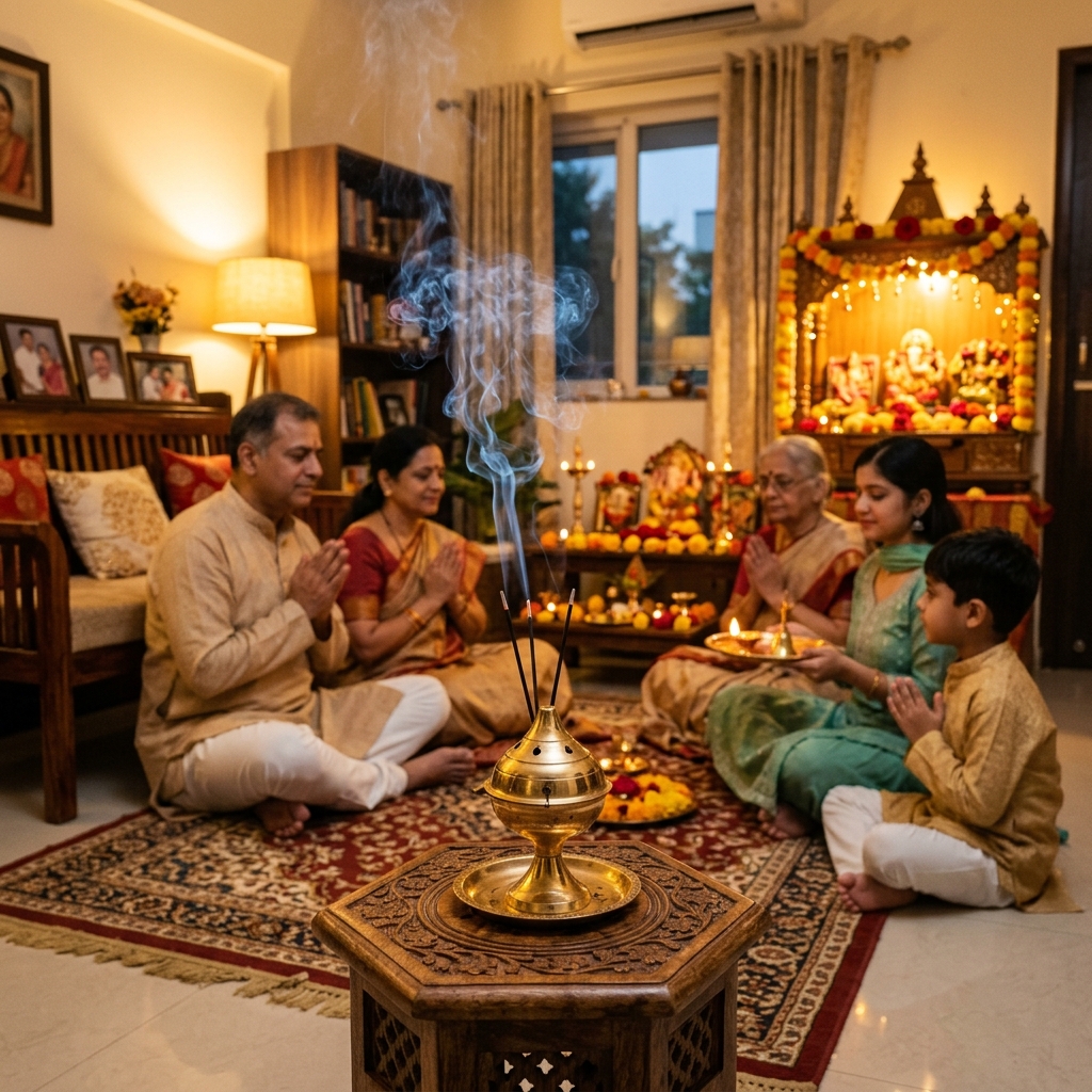 Indian Family Prayer Room with Burning Dhoop Sticks