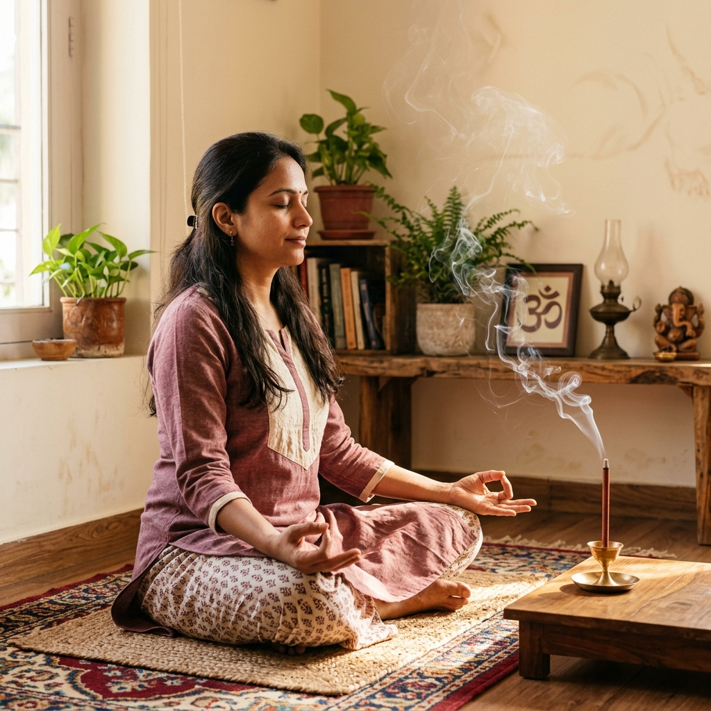 A Serene Indian Woman Meditating in a Peaceful Home with Dhoop Stick Smoke
